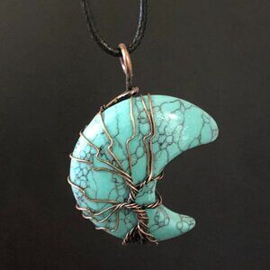 Crescent Moon Tree Of Life Copper Wire Wrap Blue Howlite Stone Pendant